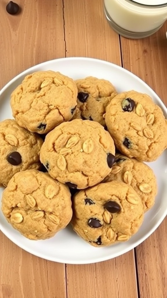 Chewy Oat Flour Cookies Recipe A plate of chewy oat flour cookies with chocolate chips on a wooden table next to a glass of milk.